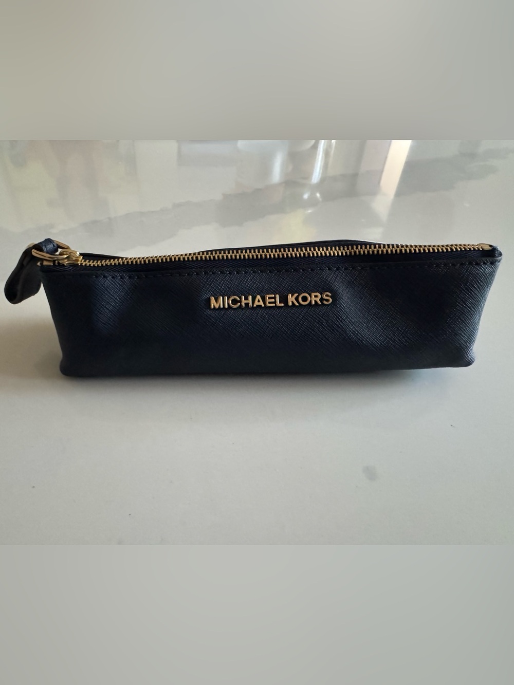 Michael Kors Navy Saffiano Leather Zip Pouch with Gold Logo